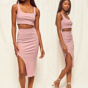 Lulus Set For Life Pink Ribbed Bodycon Two-Piece Dress Sz XS